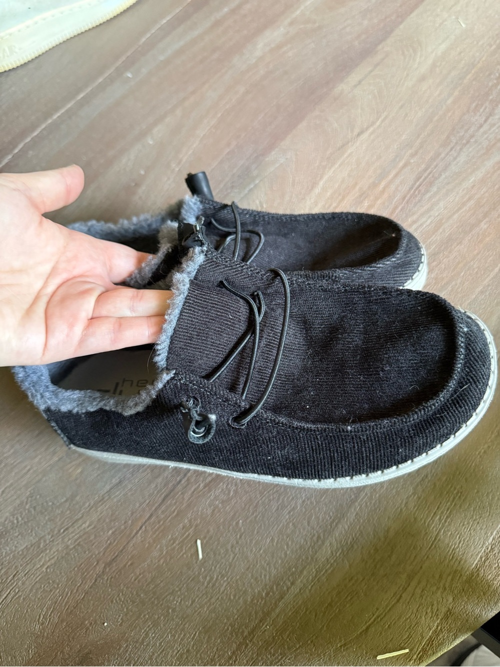 Hey Dude Black Slip-On Moccasins with Gray Fleece Trim